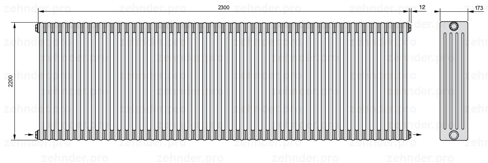 Схема (чертеж) Радиатор Zehnder Charleston 5220/50 №2670 Белый глянцевый RAL 9016